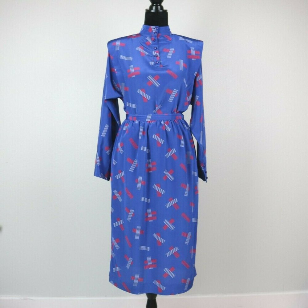 Vintage 1980s Liz Claiborne Skirt & Blouse Set Blue/Red Geometric Small 27" W